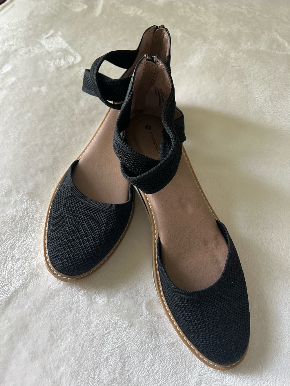 Black Knit Ankle-Strap Flats with Tan Trim